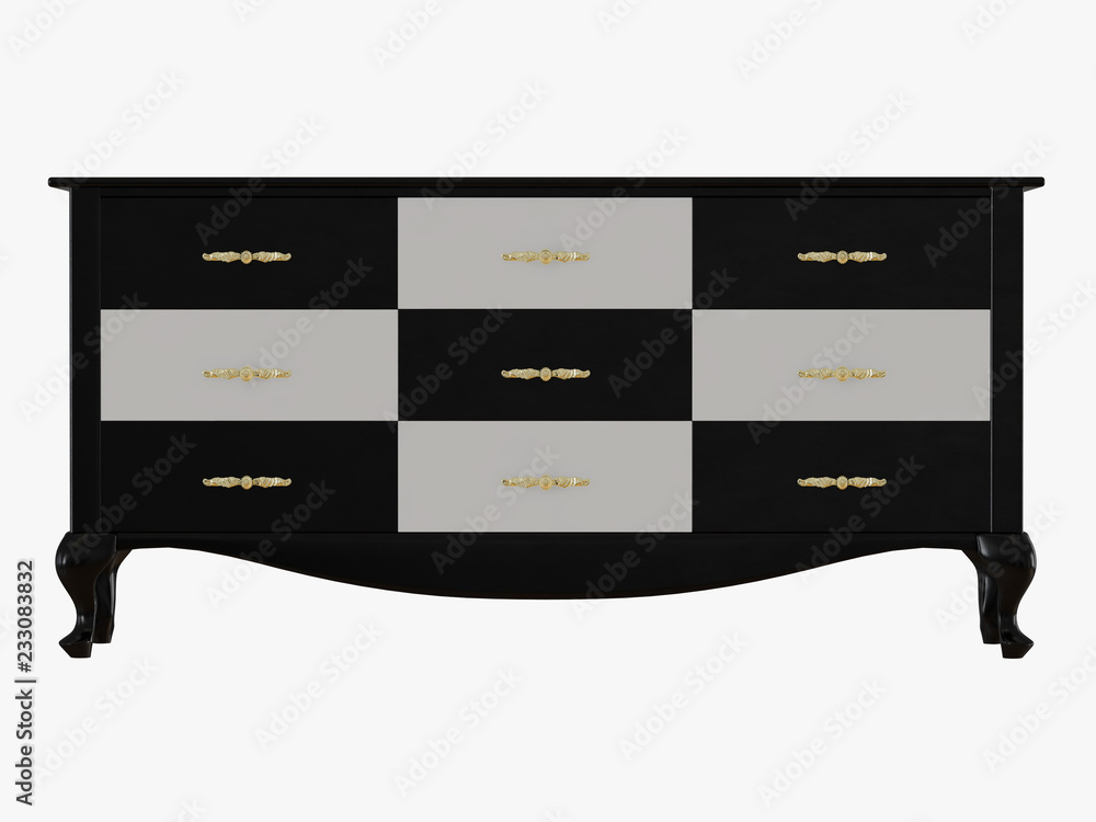 Poster chest of drawers with black and white front view 3d rendering