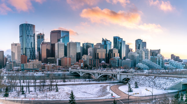 Calgary's skyline on a cool winter evening.