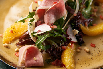 Close-up vegetable salad with Smoked duck breast. 