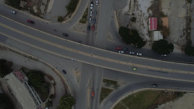 Aerial view of a city viaduct bridge road with traffic. Heraklion Crete Greece. Birds eye