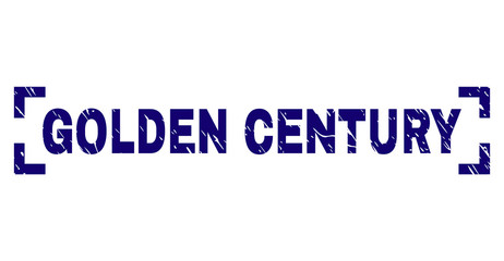 GOLDEN CENTURY text seal print with corroded texture. Text caption is placed inside corners. Blue vector rubber print of GOLDEN CENTURY with unclean texture.