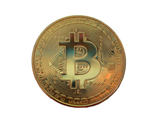 closeup of gold bitcoin isolated on white