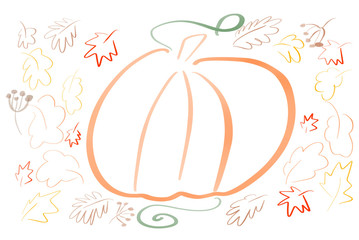 Hand draw simple  pumpkin sketch with leaves on white background isolated. Coloring. Autumn pattern. Happy Thanksgiving  illustration, seasonal greeting card.