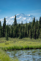 Wonder Lake in Denali National Park on a sunny day. Mount Denali (formerly Mt. McKinley) sits in the background and is fully visible.