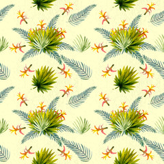 Seamless pattern. Tropical leaves watercolor background.. Tropical leaves watercolor background. Flower illustrations.