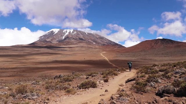 Static shot of a man trekking, towards the summit of mount Kilimanjaro, carrying stuff on his head, on a sunny day, near Horombo hut, in Tanzania, Africa