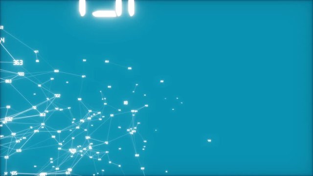Numeric swarm in the corner.Fly through abstract 3D rendering of a scientific technology data network conveying connectivity, complexity and data flood of modern digital age.Seamless loop.