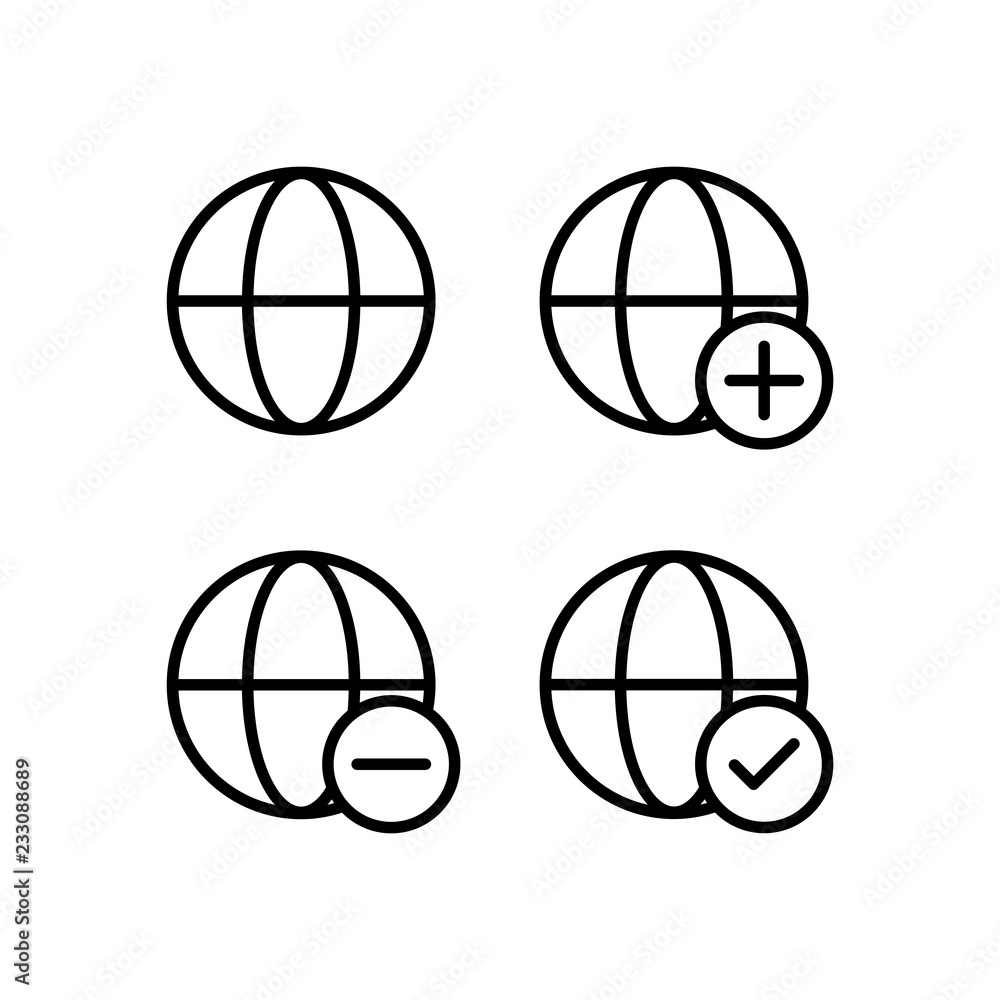 Poster globe, plus, check, minus sign icons. element of outline button icons. thin line icon for website de