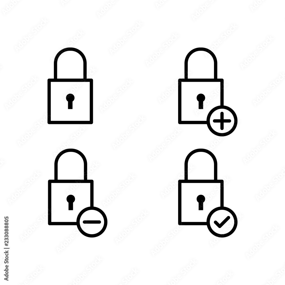 Poster lock, plus, check, minus sign icons. element of outline button icons. thin line icon for website des