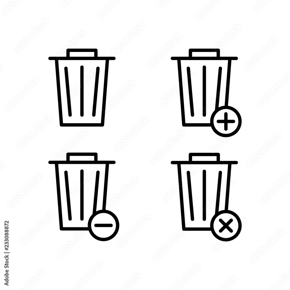 Poster trash, box, plus, remove, minus sign icons. element of outline button icons. thin line icon for webs