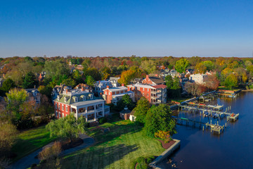 Aerial view of historic chestertown near annapolis situated on the chesapeake bay during an early...