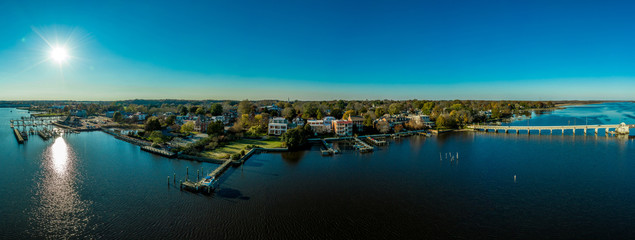 Aerial panorama view of historic colonial chestertown near annapolis situated on the chesapeake bay during an early november afternoon
