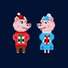 Two pixel christmas pigs in warm clothes