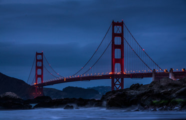 View of Golden Gate Bridge at the blue hour from Baker Beach