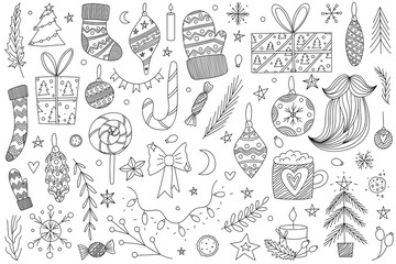 black and white hand drawn vector christmas doodle set with ornaments, santas socks and mittens, pine trees, candy cane, lollipop, bow, candies, santas beard, stars, christmas tree lights and presents