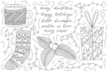 vector christmas doodle sketch with coffee mug, tea cup wearing a sweater, santa's sock, cranberries, gift box, christmas lights and calligraphy: merry christmas, happy holidays, hello december etc