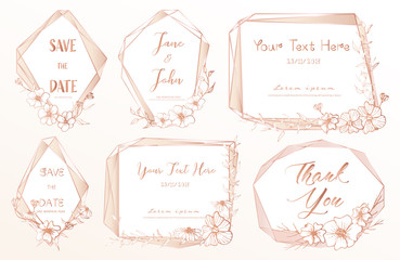 Set of geometric frame, Hand drawn flowers, Botanical composition, Decorative element for wedding card, Invitations Vector illustration.