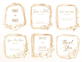 Set of geometric frame, Hand drawn flowers, Botanical composition, Decorative element for wedding card, Invitations Vector illustration.