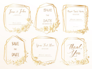 Set of geometric frame, Hand drawn flowers, Botanical composition, Decorative element for wedding card, Invitations Vector illustration.