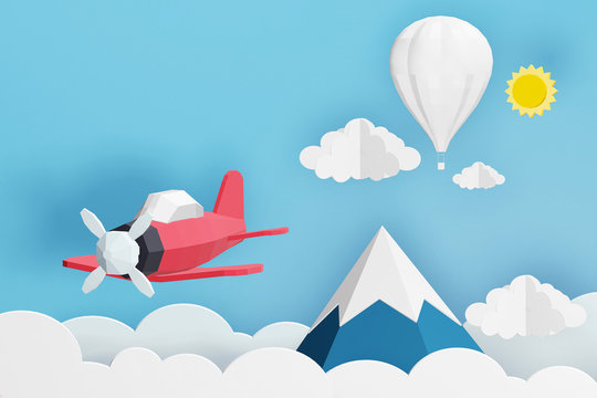 Paper art style of Pink plane flying and white balloon in the sky, Origami and travel concept, Easy to use by print your own logo, images, and text, whatever you want, 3D rendering design.