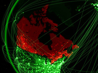 Canada from space on green model of Earth with international networks. Concept of green communication or travel.