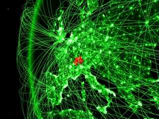 Switzerland from space on green model of Earth with international networks. Concept of green communication or travel.