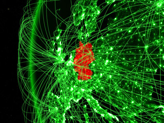 Germany from space on green model of Earth with international networks. Concept of green communication or travel.