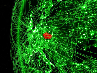 Czech republic from space on green model of Earth with international networks. Concept of green communication or travel.