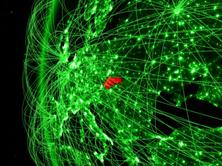 Slovakia from space on green model of Earth with international networks. Concept of green communication or travel.