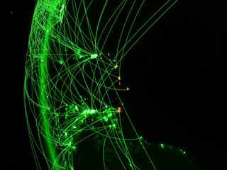 Caribbean from space on green model of Earth with international networks. Concept of green communication or travel.