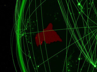 Central Africa from space on green model of Earth with international networks. Concept of green communication or travel.