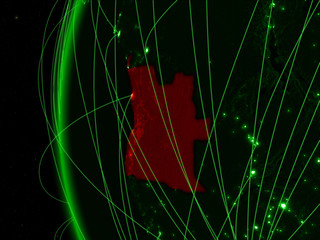 Angola from space on green model of Earth with international networks. Concept of green communication or travel.