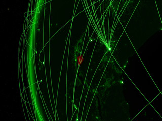Burundi from space on green model of Earth with international networks. Concept of green communication or travel.
