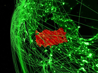 Turkey from space on green model of Earth with international networks. Concept of green communication or travel.