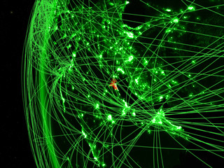 Kuwait from space on green model of Earth with international networks. Concept of green communication or travel.