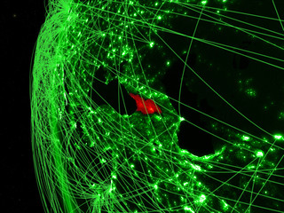 Georgia from space on green model of Earth with international networks. Concept of green communication or travel.
