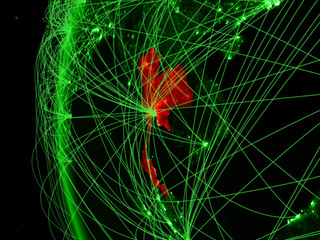 Thailand from space on green model of Earth with international networks. Concept of green communication or travel.