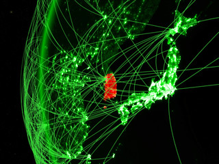 South Korea from space on green model of Earth with international networks. Concept of green communication or travel.