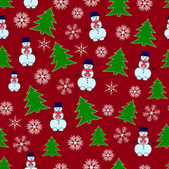Cute new year seamless pattern with snowflakes, tree and snowmen on red background