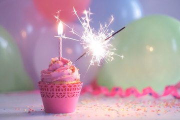 Birthday cupcake with candle and sparkler. - 
Selective  focus