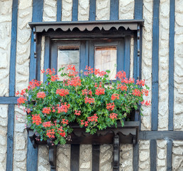 Fototapeta na wymiar Window with flowers on the facade of a house