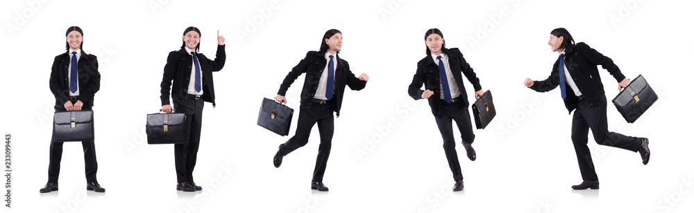 Wall mural Young businessman holding briefcase isolated on white