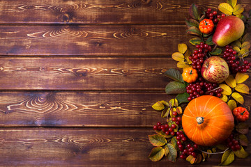 Thanksgiving rustic frame with pumpkins, copy space