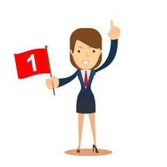 businesswoman with number one flag. Stock flat vector illustration.