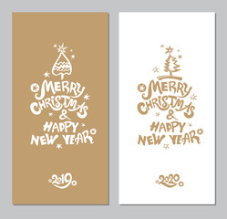 Merry Christmas & Happy New Year! Two greeting cards with an inscription and a Xmas tree and snow. Vector template for the 2019, 2020 New Years.