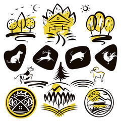 Set design element for logo in sketch style for farmland and farm animals. Template eco fresh product logo. Freehand drawn vector illustration