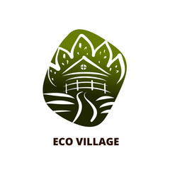 Template logo with silhouette eco wood house and tree. Concept element design banner, poster, flyer, site for ecology business of village house way to living, building, repair. Vector illustration