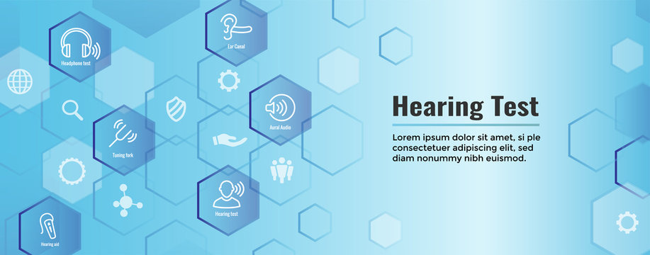 Hearing Test w Hearing Aid or loss / Sound Wave Images Set Web Header Banner
