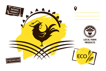 Farmer bird chicken. Design poster, card, flyer, banner, web, app. Concept logo for fresh, natural product in farm market, grocery, meat shop, butcher store. Vector silhouette rooster. Illustration