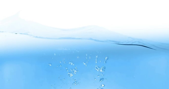 blue wave water with bubbles in tank on white background, slow motion movement, concept of clean and purity, healthcare and medical